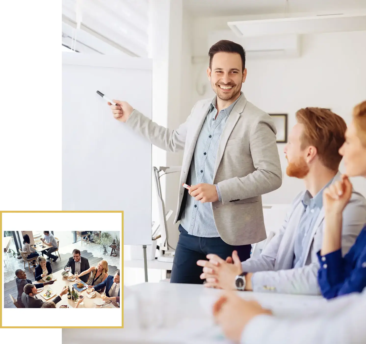 Man presenting to colleagues in a bright office meeting.