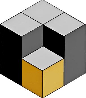 Geometric cube design with gray and yellow blocks.